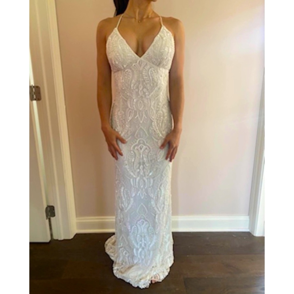 NWT SCALA SIZE 4 NO ALTERATIONS ALL BEADS/SEQUINS. ALL WHITE OPEN BACK GOWN